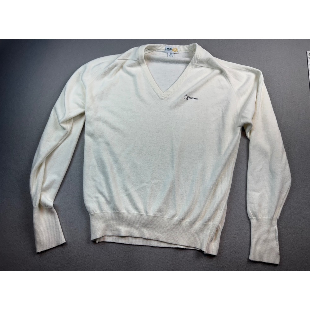 Vintage Izod Club V-Neck Sweater Mens L White Acrylic Miami Lakes Made in USA
